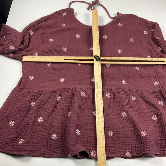 Madewell Embroidered Lightspun Peplum Top Maroon Open Back Floral Boho Shirt 2X - Picture 4 of 10